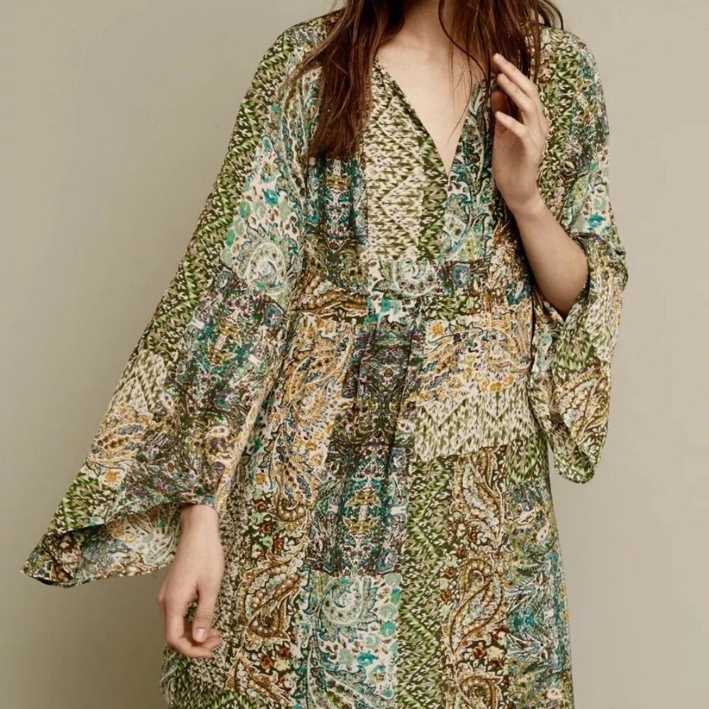 Anthropologie Floreat Green Paisley Babydoll Silk Swing Dress 8p